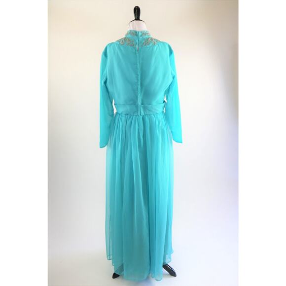 Vintage 1970s Blue Chiffon Maxi Dress with Ornately Beaded Neckline Medium - Picture 7 of 10